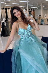 Long Corset Prom Dress in Blue with Spaghetti Straps A-Line Tulle Tiered Design and Appliques