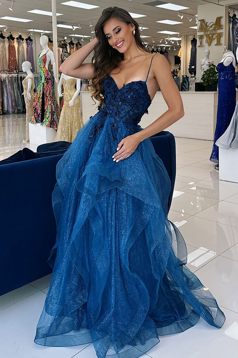 Long Corset Prom Dress in Blue with Spaghetti Straps A-Line Tulle Tiered Design and Appliques