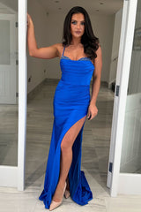 Long Satin Corset Prom Dress in Royal Blue with Mermaid Silhouette and Spaghetti Straps