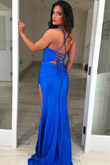 Long Satin Corset Prom Dress in Royal Blue with Mermaid Silhouette and Spaghetti Straps
