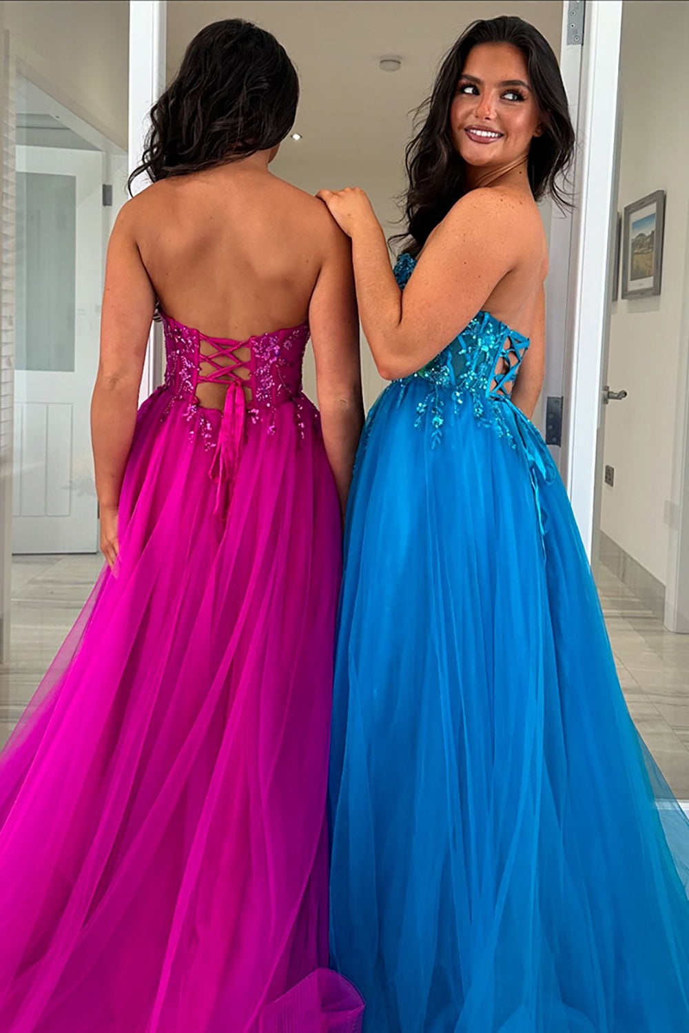 Long A-Line Tulle Prom Dress in Fuchsia with Strapless Corset and Appliques