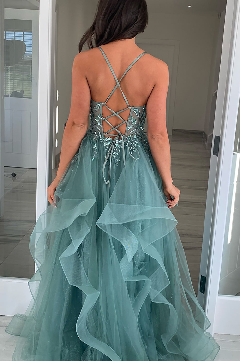 Long A-Line Corset Prom Dress in Grey Green with Spaghetti Straps Tulle Tiers and Appliques