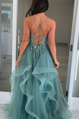 Long A-Line Corset Prom Dress in Grey Green with Spaghetti Straps Tulle Tiers and Appliques