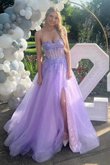 Long Corset Prom Dress in Lilac with Sweetheart Neckline and A-Line Tulle Skirt Embellished with Appliques