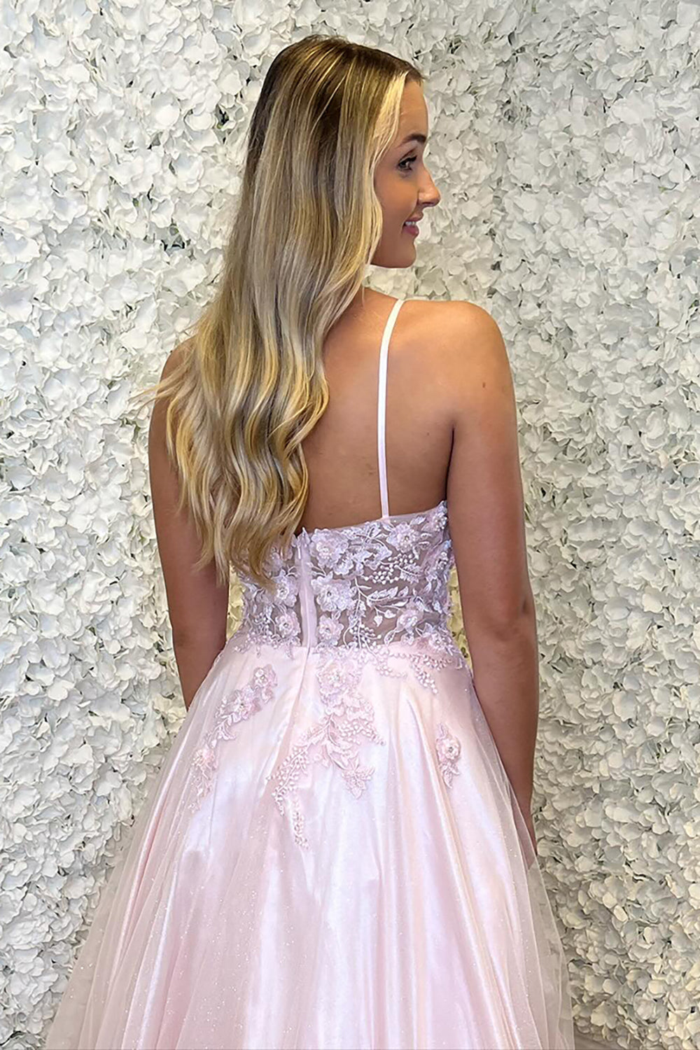 Long A-Line Prom Dress in Pink with Halter Neck and Tulle Appliques