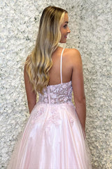 Long A-Line Prom Dress in Pink with Halter Neck and Tulle Appliques