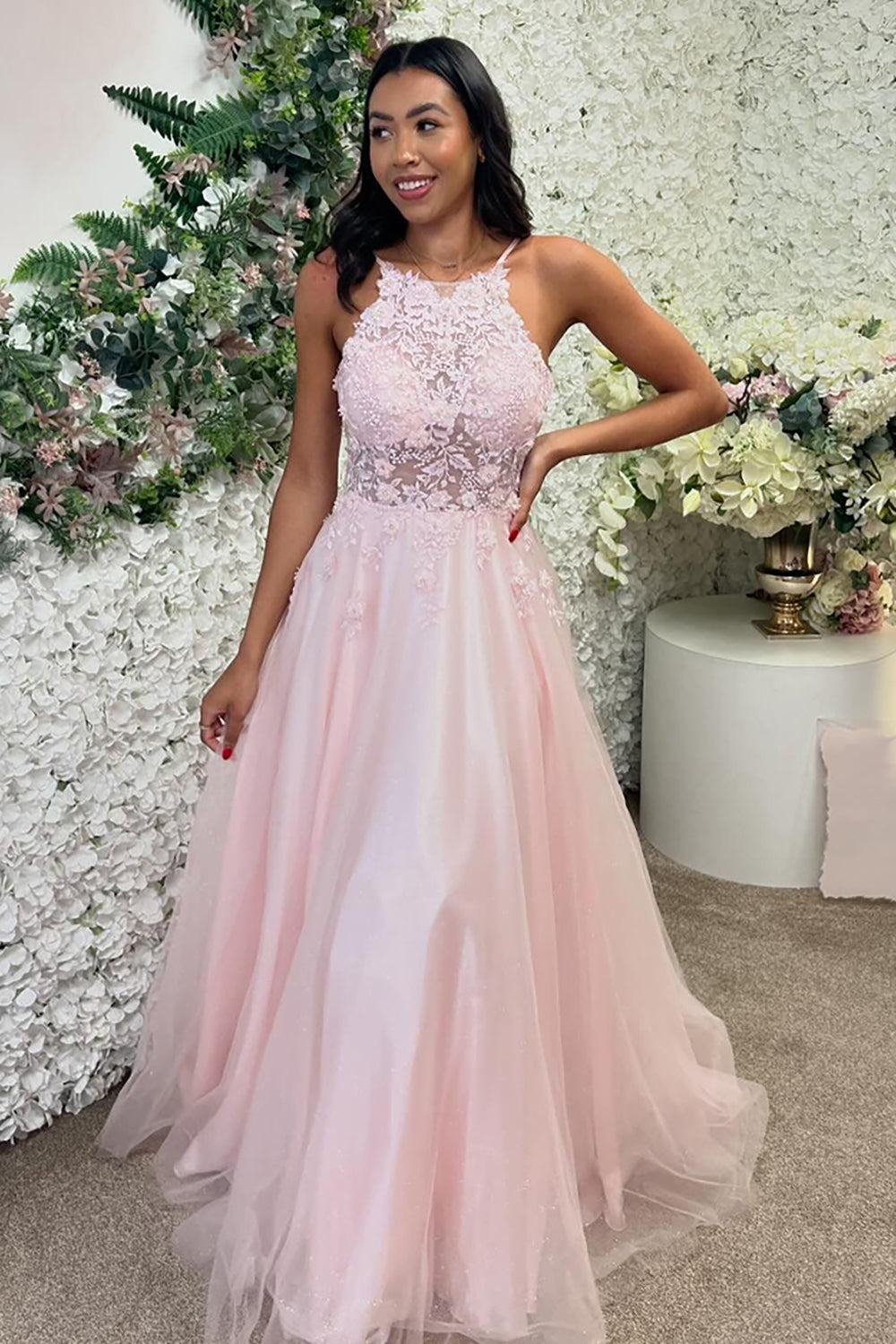 Long A-Line Prom Dress in Pink with Halter Neck and Tulle Appliques