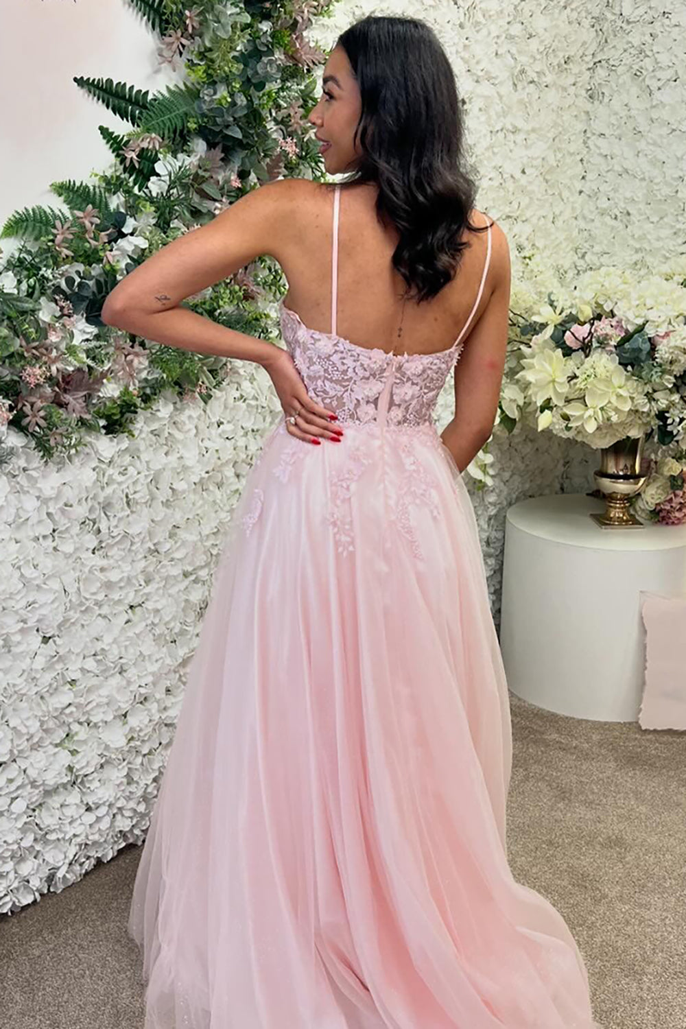 Long A-Line Prom Dress in Pink with Halter Neck and Tulle Appliques
