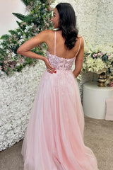 Long A-Line Prom Dress in Pink with Halter Neck and Tulle Appliques