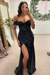 Long Black Satin Mermaid Prom Dress with Appliques Off the Shoulder Corset Style