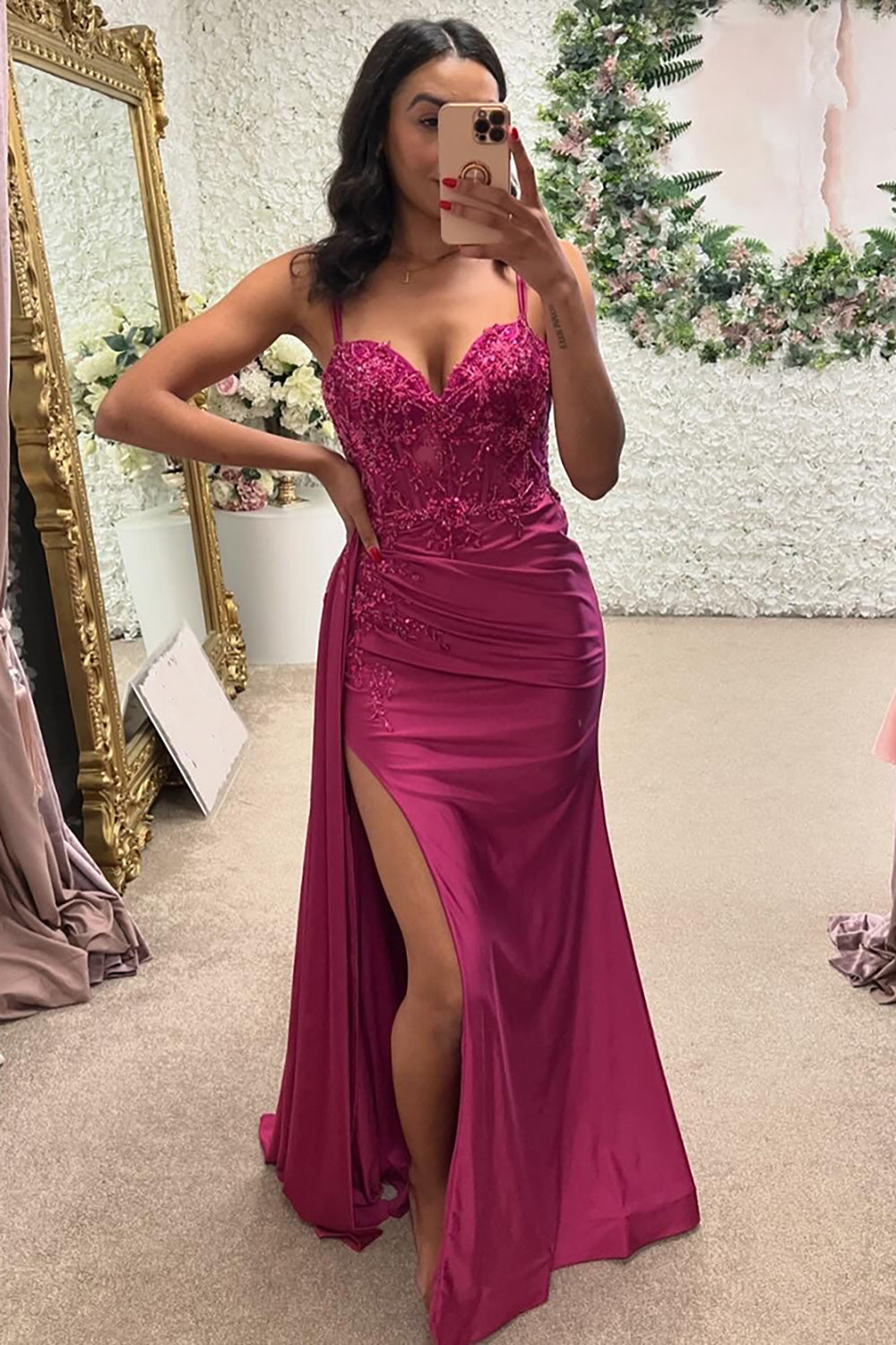 Long Mermaid Prom Dress in Fuchsia Satin with Spaghetti Straps and Appliques