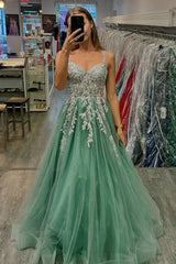 Long A-Line Corset Prom Dress in Sage Green with Spaghetti Straps and Tulle Appliques