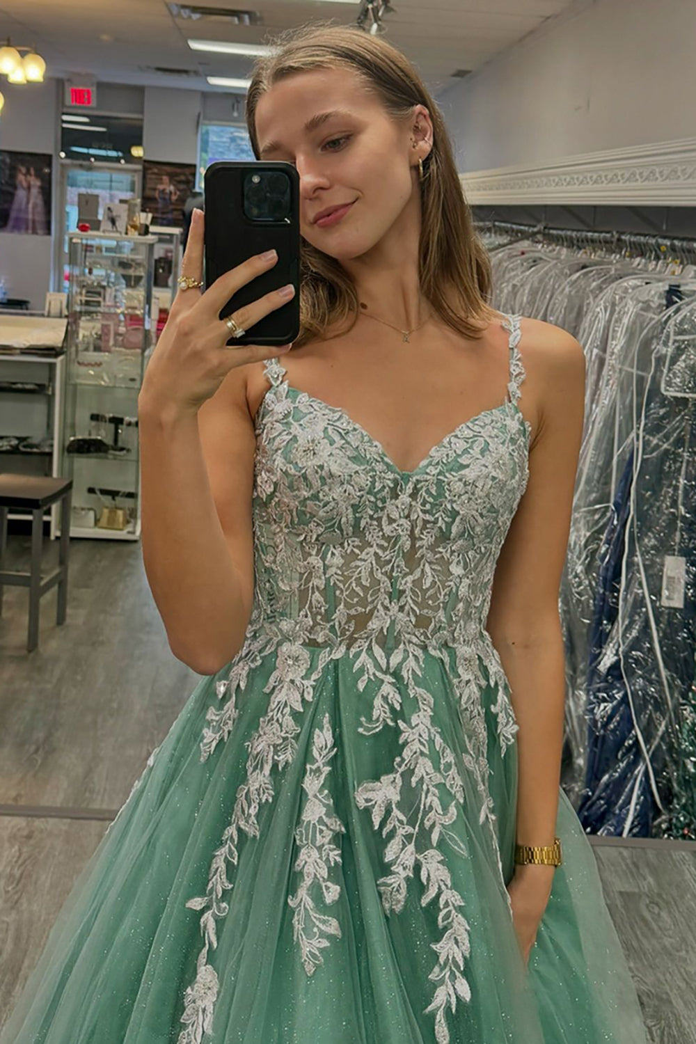 Long A-Line Corset Prom Dress in Sage Green with Spaghetti Straps and Tulle Appliques