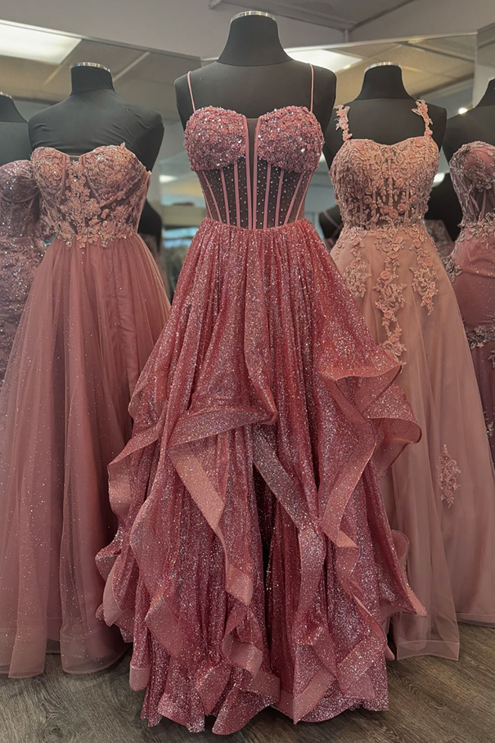 Long A-Line Prom Dress with Grey Blue Sparkly Sequins and Tiered Tulle Featuring Spaghetti Straps