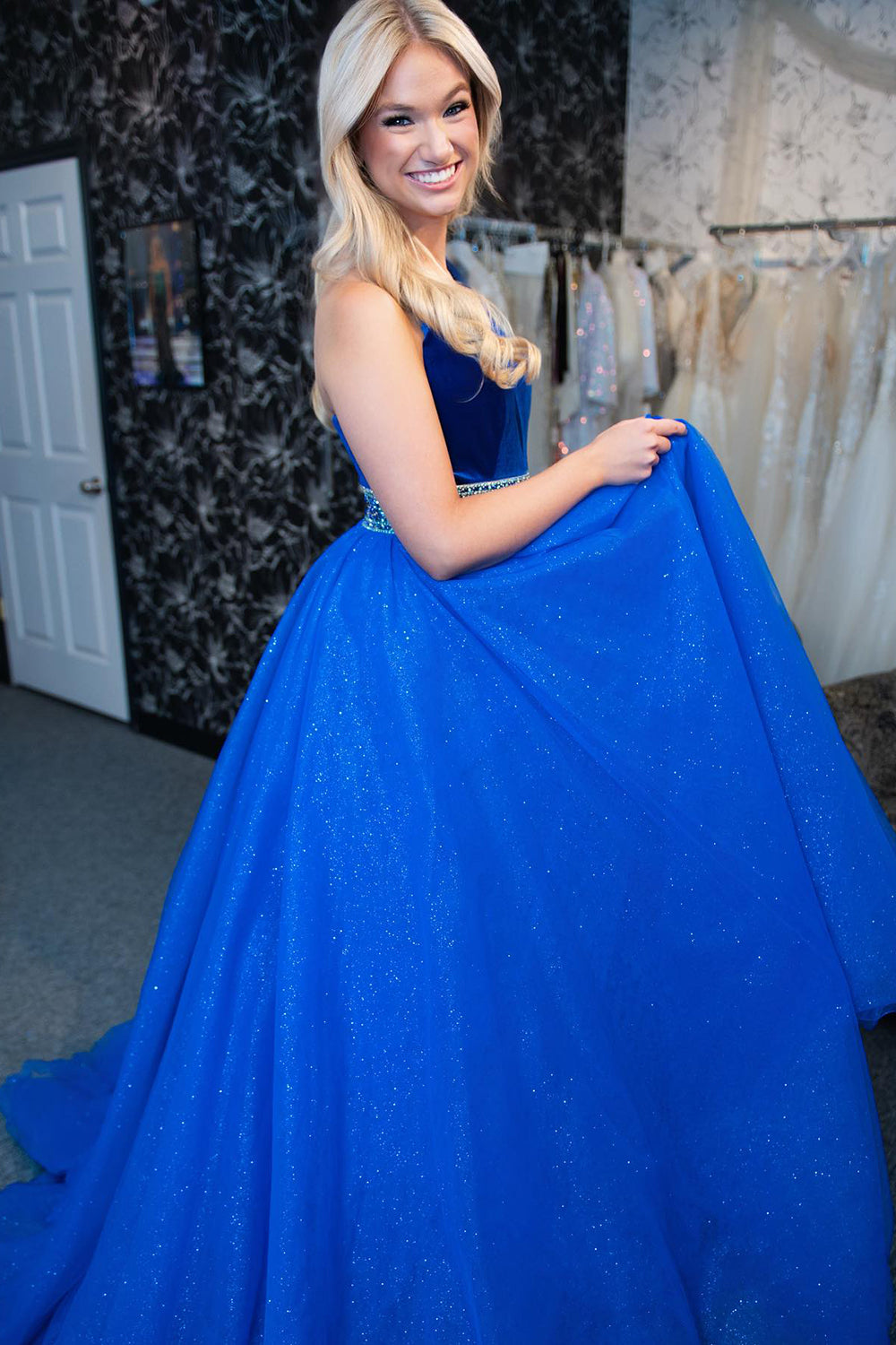 Princess Long Prom Dress in Royal Blue Sparkly Tulle with Halter Neck