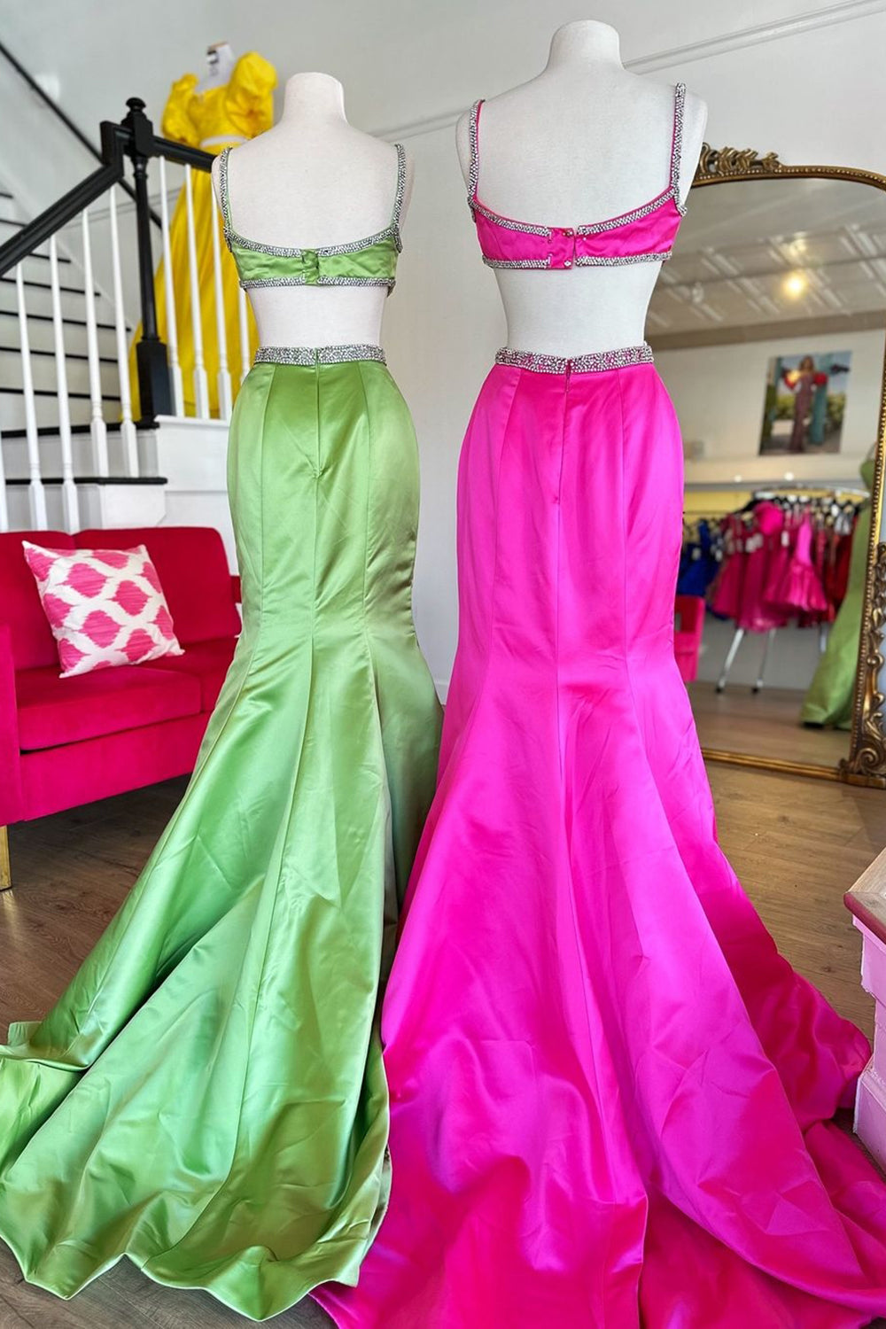 Long Prom Dress in Fuchsia Satin with Spaghetti Straps Mermaid Cut-out and Bow