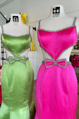 Long Prom Dress in Fuchsia Satin with Spaghetti Straps Mermaid Cut-out and Bow