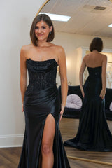 Long Blue Satin Mermaid Prom Dress with Appliques Strapless Corset Style