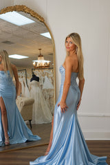 Long Blue Satin Mermaid Prom Dress with Appliques Strapless Corset Style