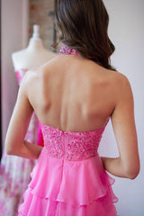 Long Chiffon Corset Prom Dress in Hot Pink with Halter Neck A-Line Cut and Ruffled Appliques