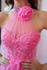 Long Chiffon Corset Prom Dress in Hot Pink with Halter Neck A-Line Cut and Ruffled Appliques
