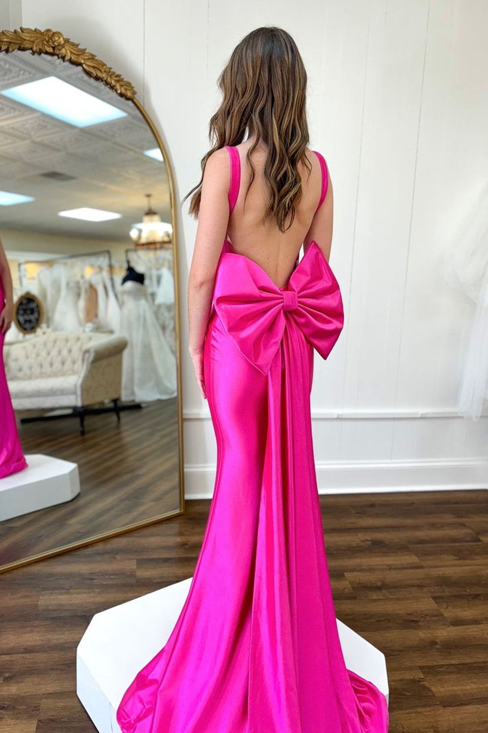 Long Corset Prom Dress in Fuchsia Satin with Spaghetti Straps Mermaid Cut and Open Back Featuring a Bow
