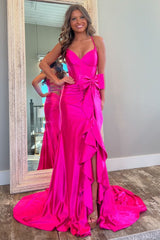 Long Mermaid Prom Dress in Hot Pink Satin with Spaghetti Straps and Bow
