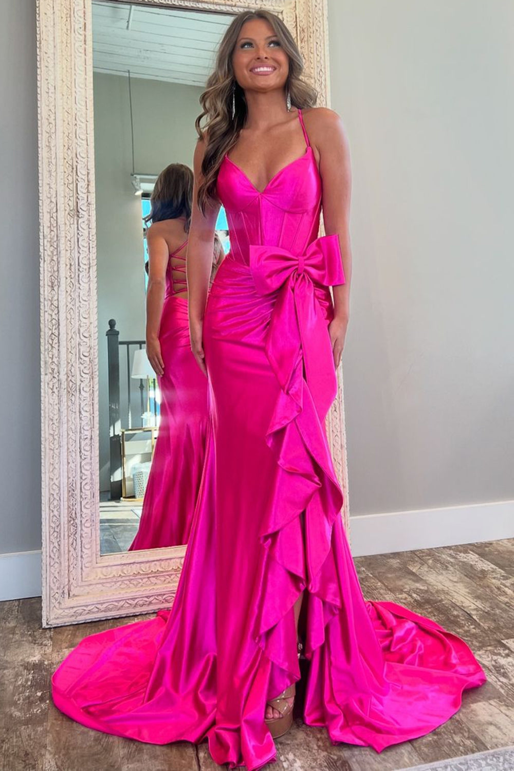 Long Mermaid Prom Dress in Hot Pink Satin with Spaghetti Straps and Bow