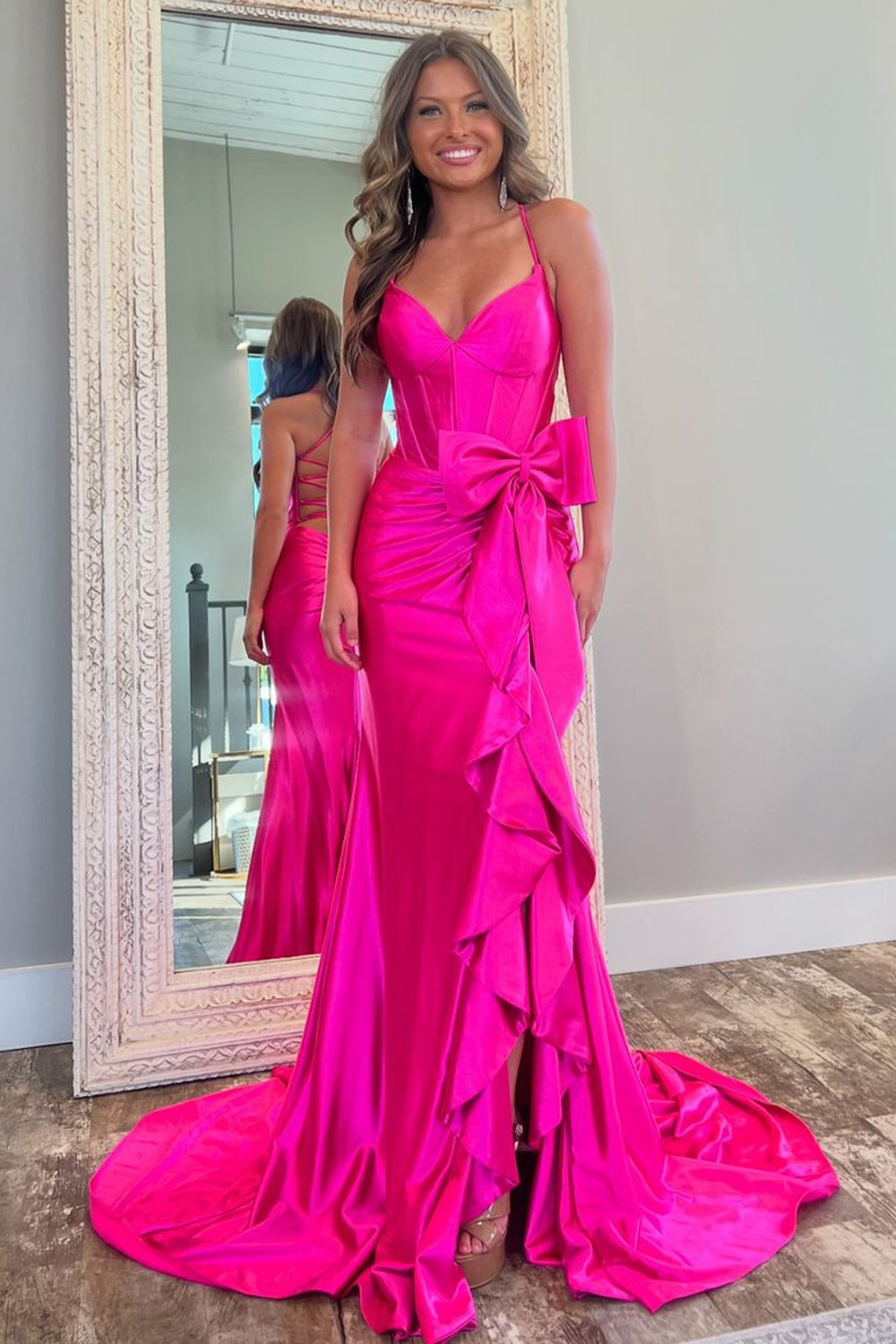 Long Mermaid Prom Dress in Hot Pink Satin with Spaghetti Straps and Bow
