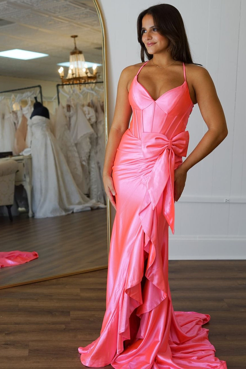 Long Mermaid Prom Dress in Hot Pink Satin with Spaghetti Straps and Bow