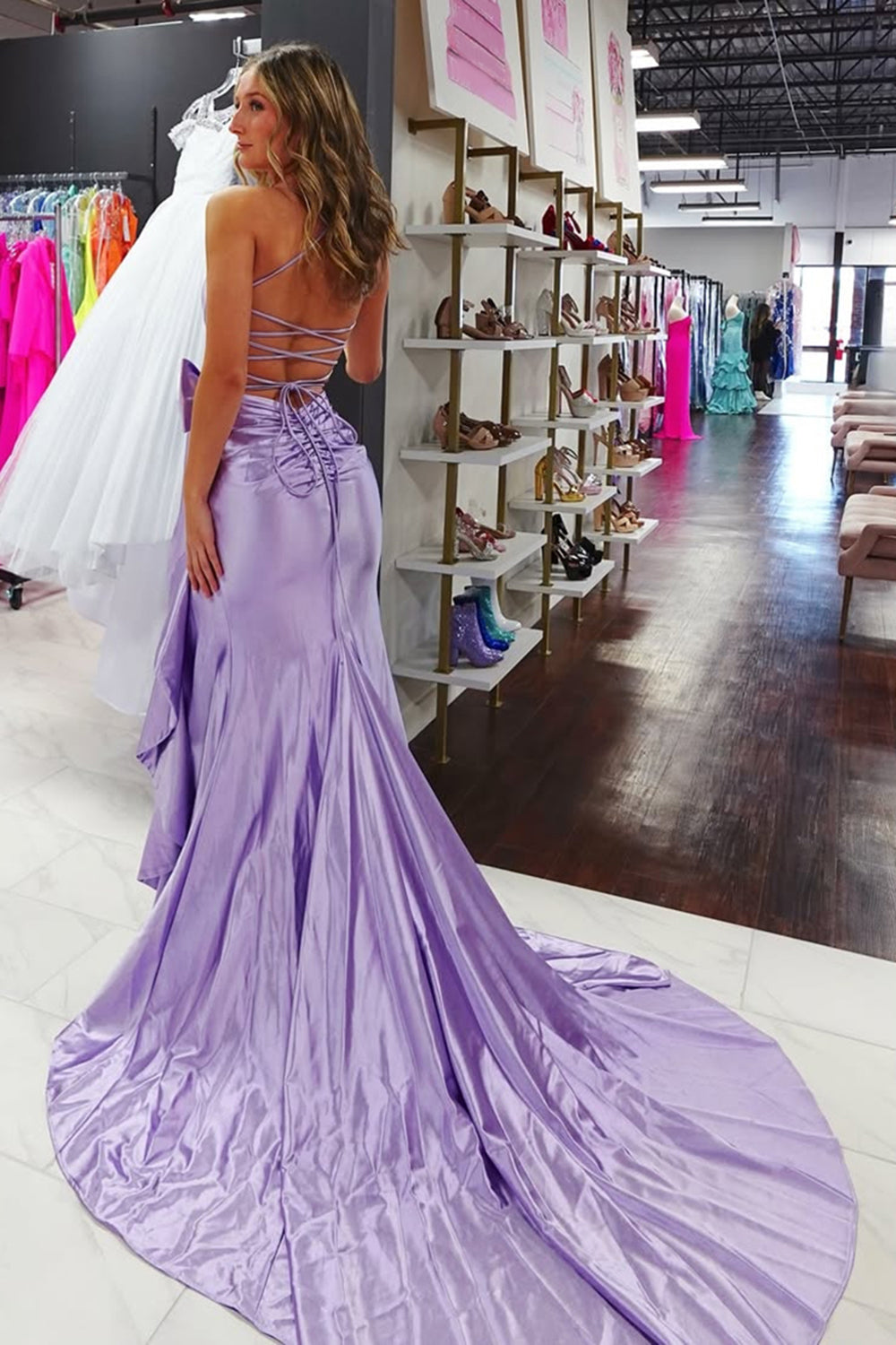 Long Mermaid Prom Dress in Hot Pink Satin with Spaghetti Straps and Bow