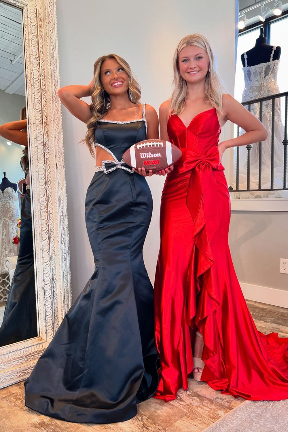 Long Mermaid Prom Dress in Hot Pink Satin with Spaghetti Straps and Bow