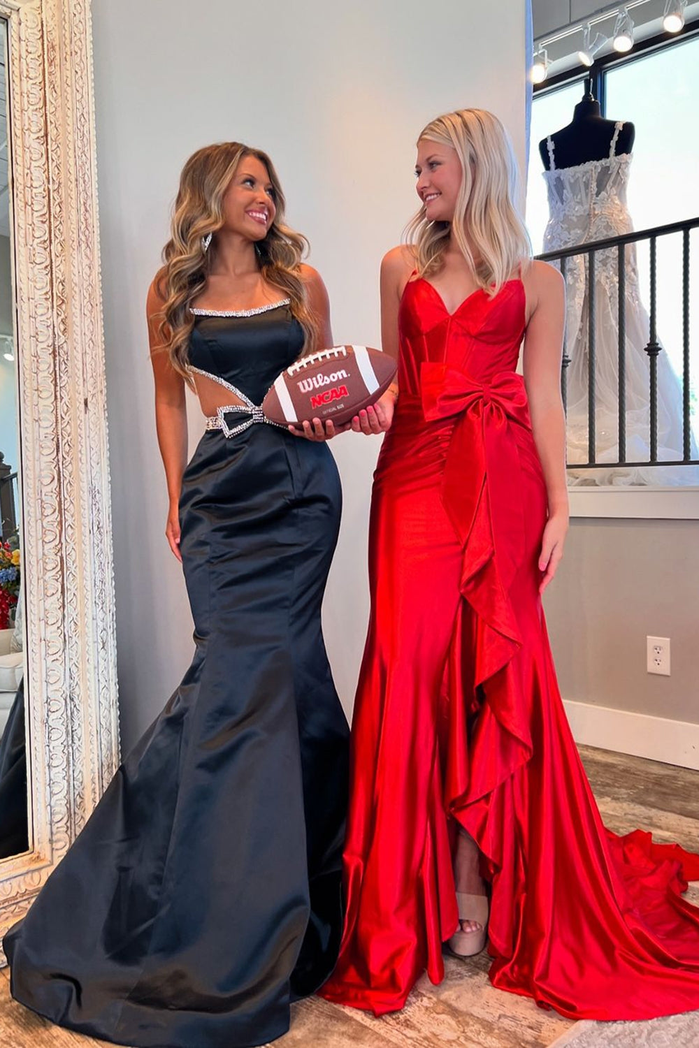 Long Mermaid Prom Dress in Hot Pink Satin with Spaghetti Straps and Bow