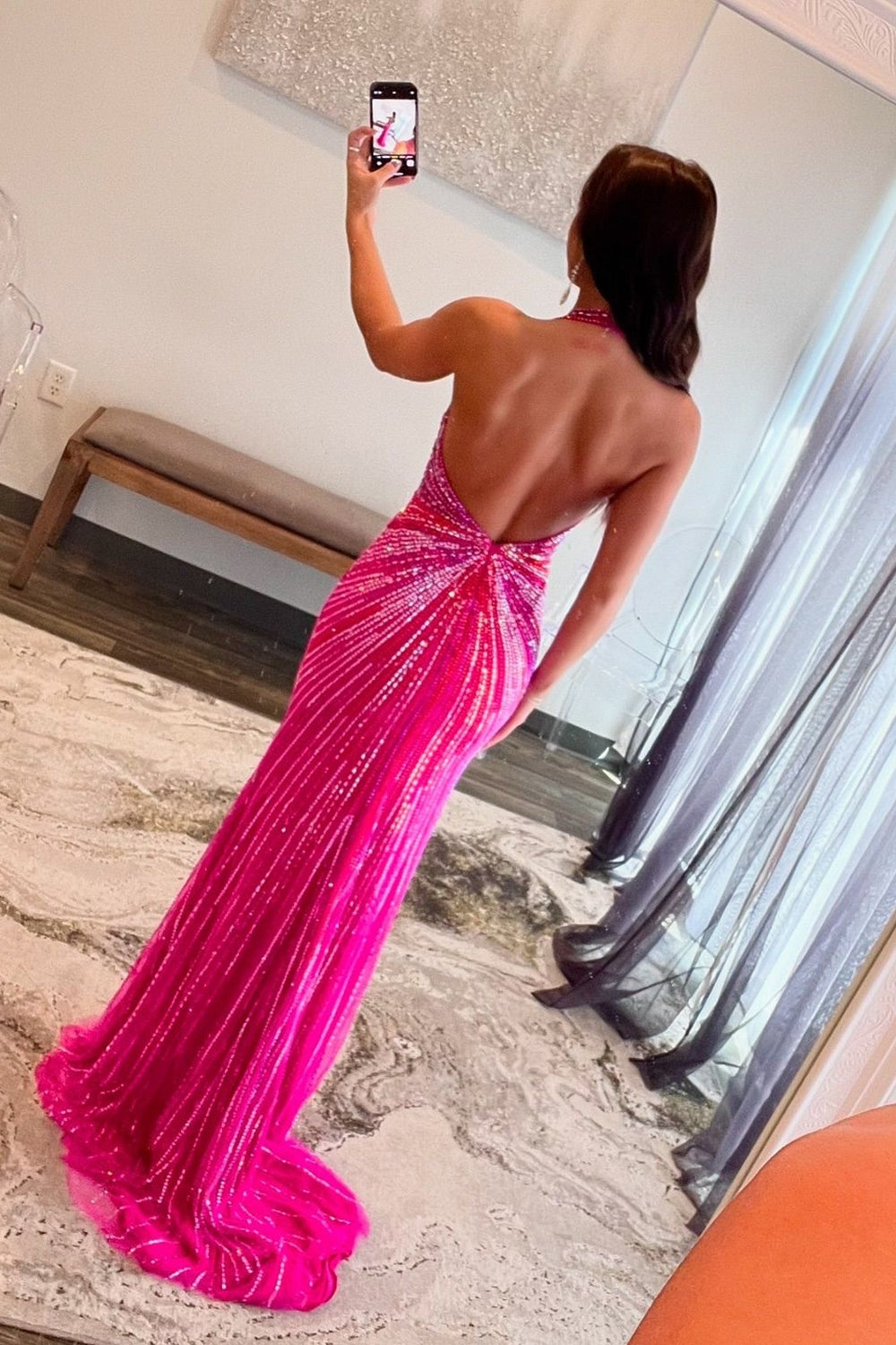 Fuchsia Glitter Beaded Mermaid Prom Dress with Halter Neck and Slit