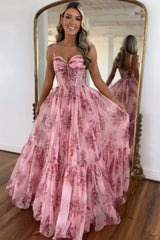 Floral Printed Blush Corset Prom Dress with Spaghetti Straps and A-Line Long Silhouette
