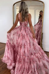 Floral Printed Blush Corset Prom Dress with Spaghetti Straps and A-Line Long Silhouette