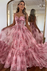 Long A-Line Corset Prom Dress with Blush Floral Print and Spaghetti Straps