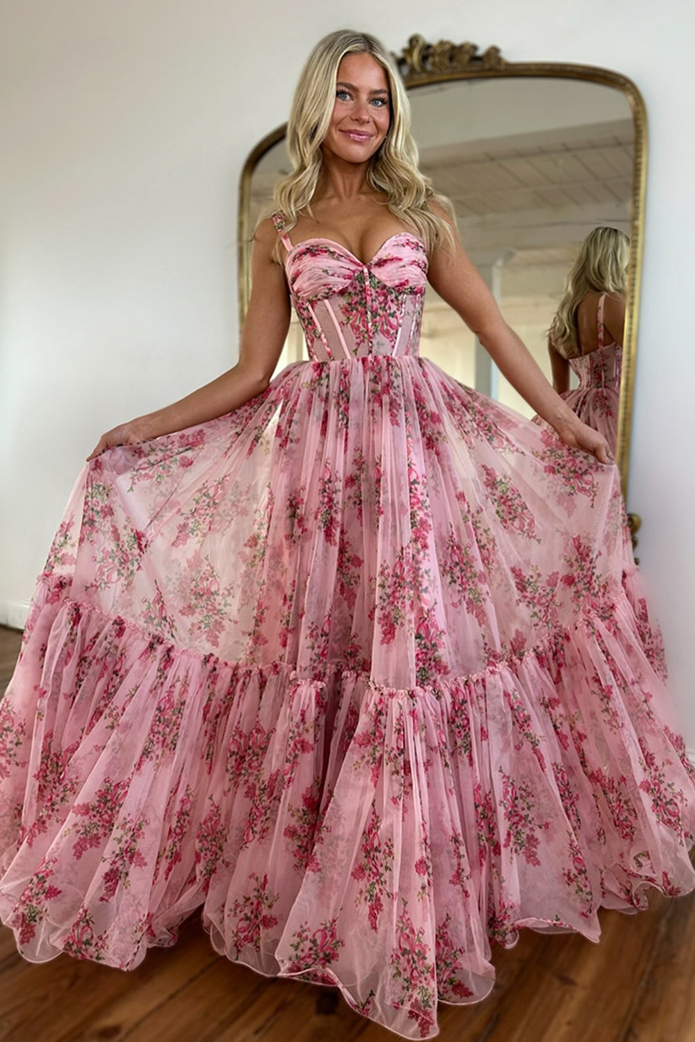 Blush A-Line Long Corset Dress with Floral Print