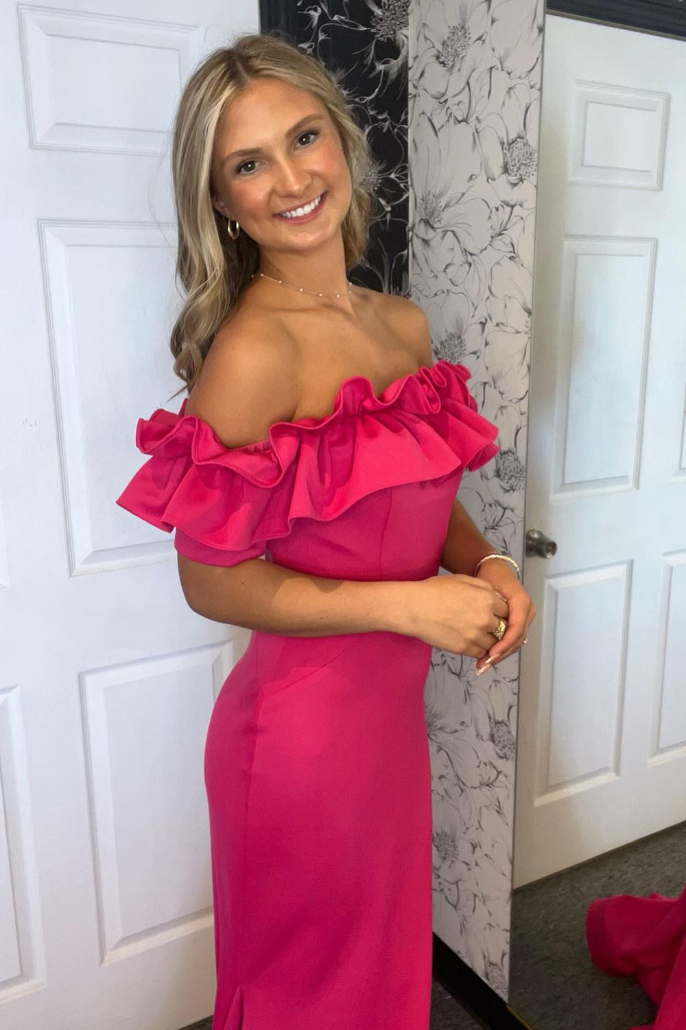 Long Mermaid Prom Dress in Fuchsia with Off-Shoulder Ruffles