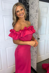 Long Mermaid Prom Dress in Fuchsia with Off-Shoulder Ruffles