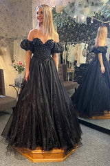 Long Beaded Black Corset Prom Dress in Sweetheart Princess Style