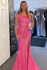 Fuchsia One-Shoulder Sparkly Mermaid Prom Dress with Slit