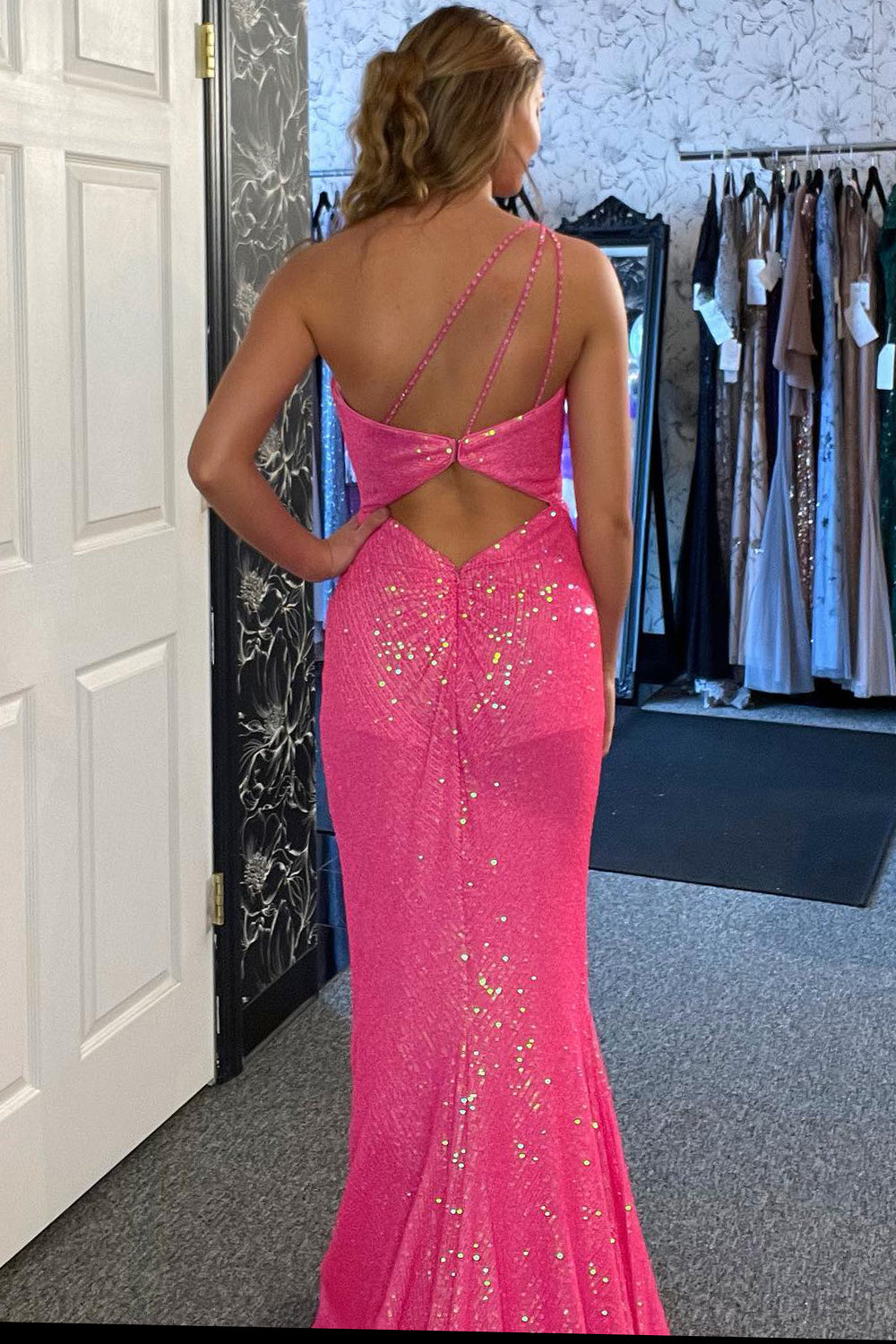 Fuchsia One-Shoulder Sparkly Mermaid Prom Dress with Slit