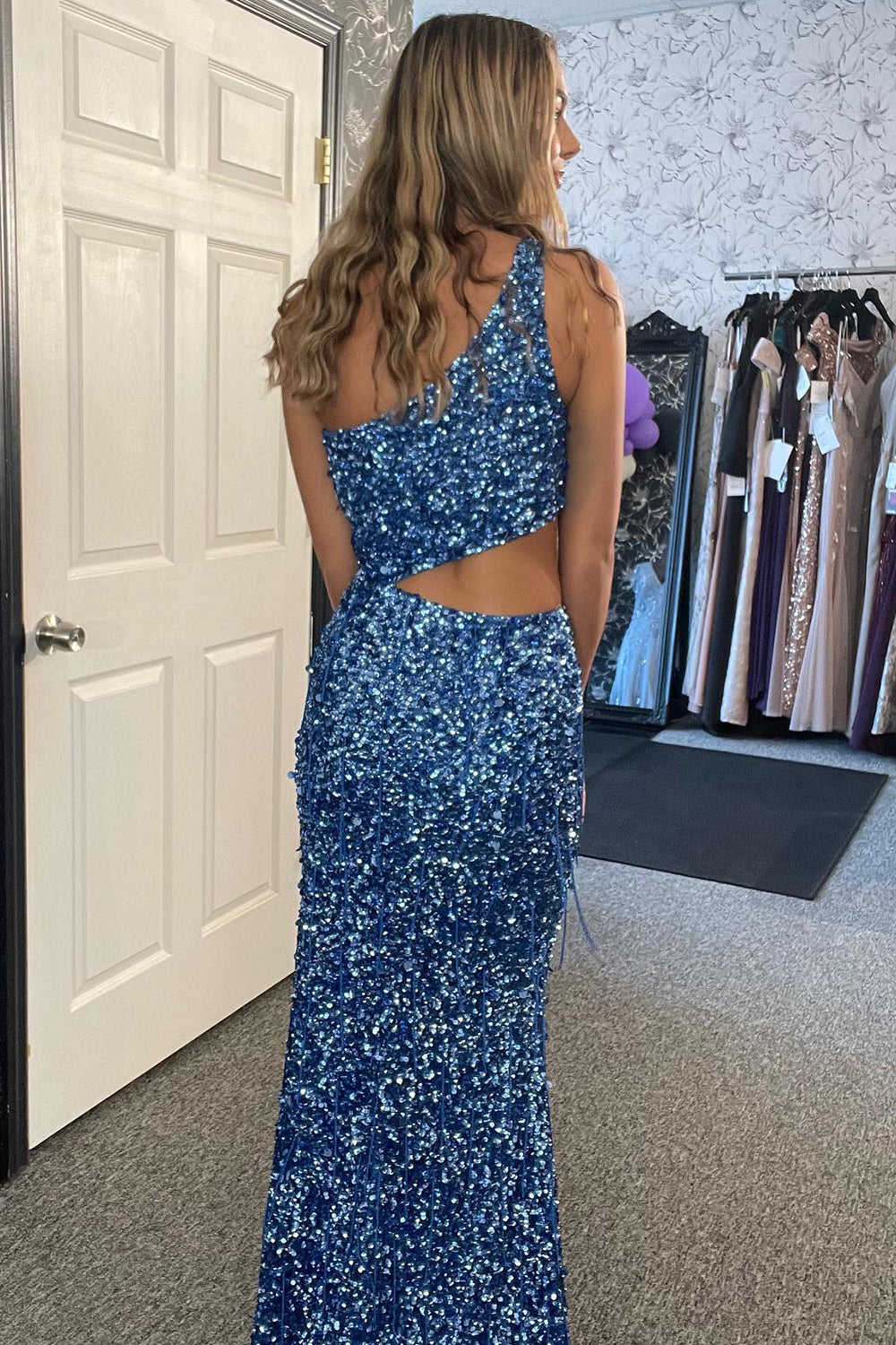 Long Sky Blue Mermaid Prom Dress with Sparkly Sequins and One Shoulder Slit