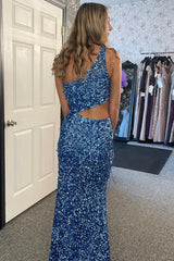 Long Sky Blue Mermaid Prom Dress with Sparkly Sequins and One Shoulder Slit