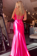 Long Fuchsia Satin Mermaid Prom Dress with Spaghetti Straps and Slit