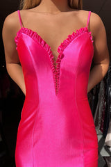 Long Fuchsia Satin Mermaid Prom Dress with Spaghetti Straps and Slit