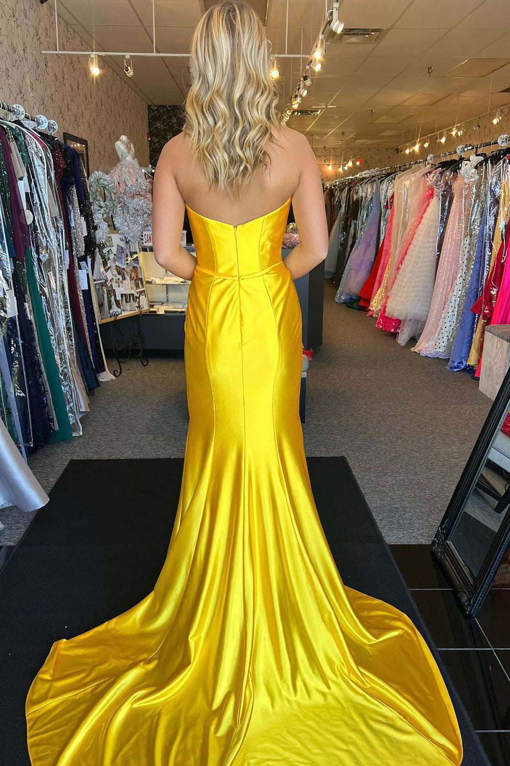 Long Yellow Mermaid Prom Dress in Satin with Ruched Strapless Design and Bow