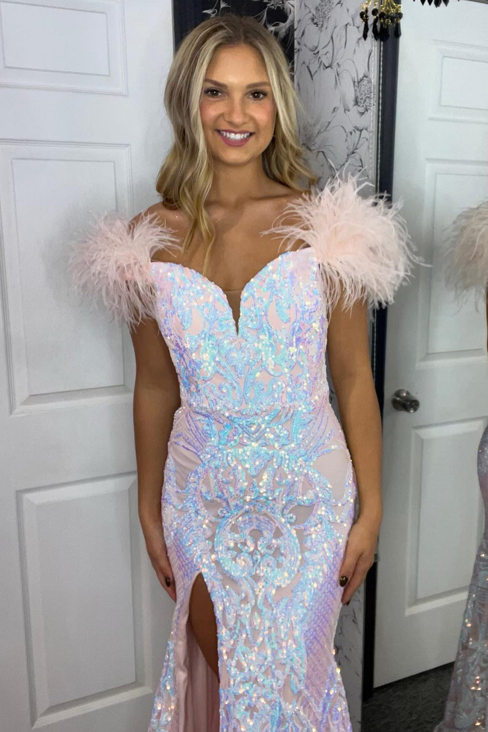 Royal Blue Glitter Mermaid Prom Dress with Feathers and Sequins Off-the-Shoulder Long Gown
