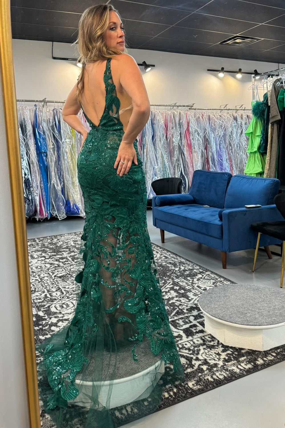 Long Mermaid Prom Dress in Dark Green with Deep V-Neck and Tulle Appliques